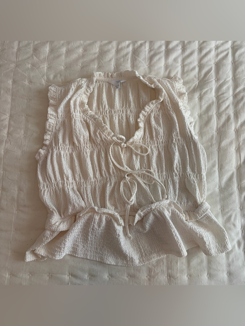 Time and Tru Cream Tie-Front Ruffle Blouse